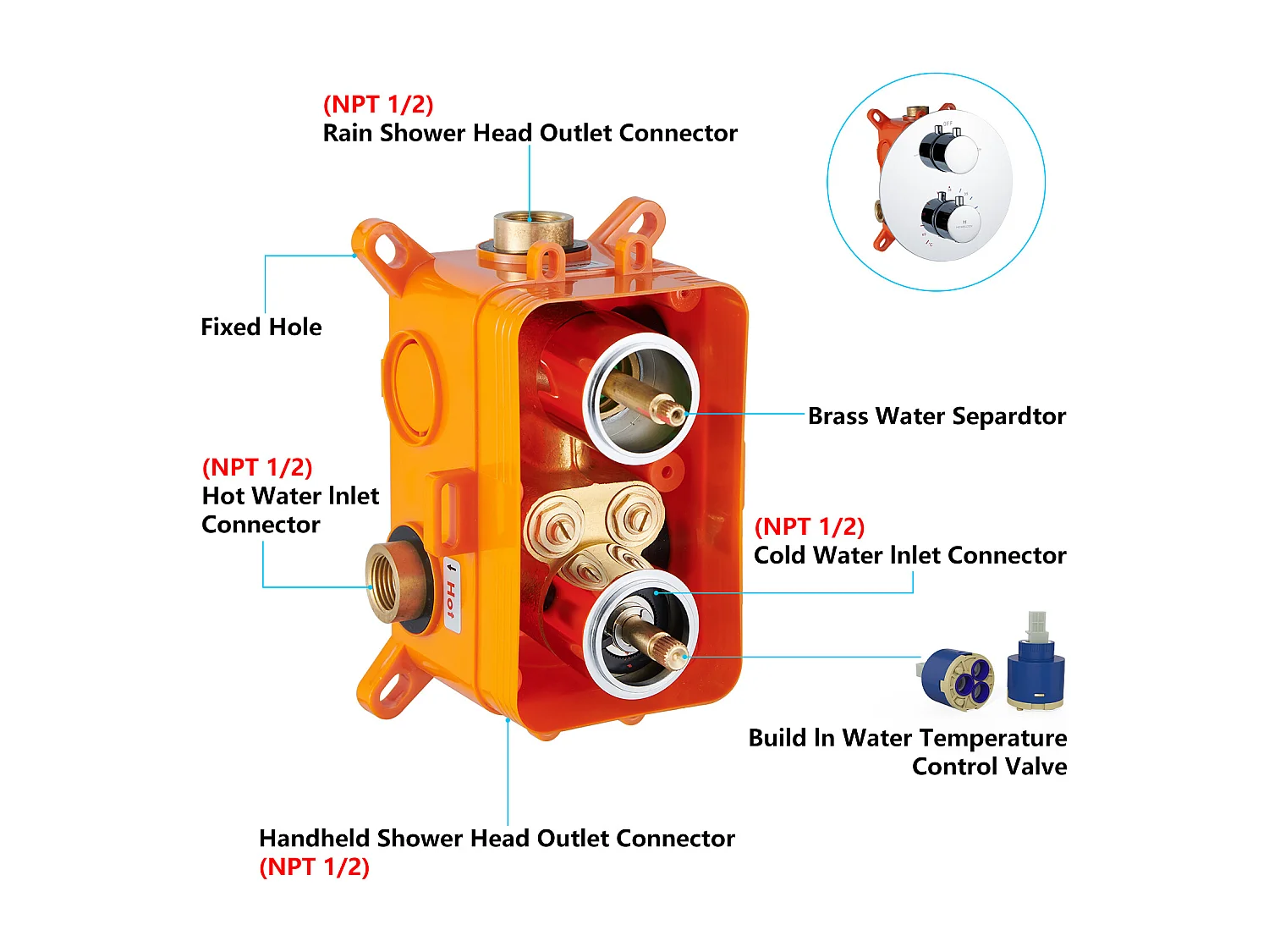 Encastré Colonne de Douche Thermostatique Système de Douche Rond Grande Douche de Tête Set de Douche Encastrée en Laiton Chromé Design Moderne