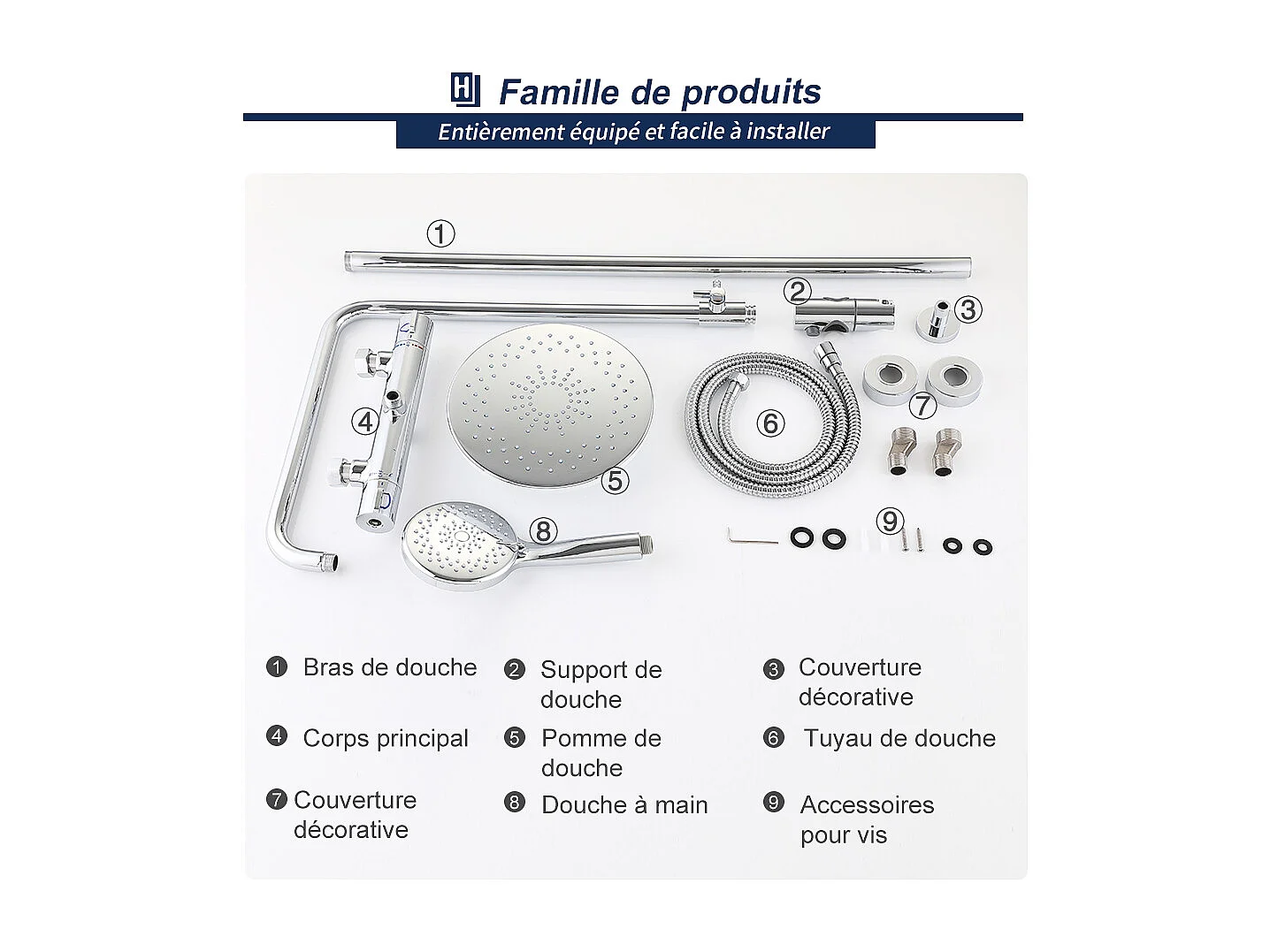 Colonne de Douche Thermostatique Ensemble de Douche Chromé Système de Douche Robinetterie en Laiton Kit de Douche Réglable