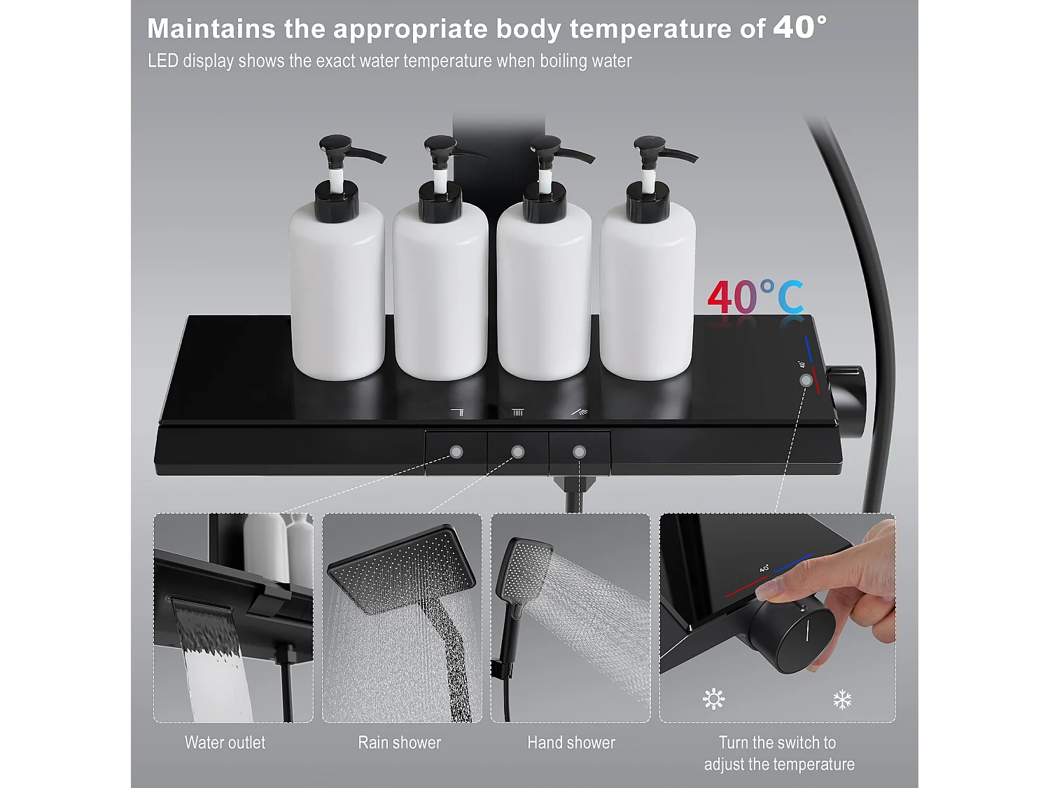 Colonne de Douche Thermostatique 40℃ avec plaque thermostatique de 40 cm Ensemble de Douche en Laiton douchette à main avec 4 intensités de jet