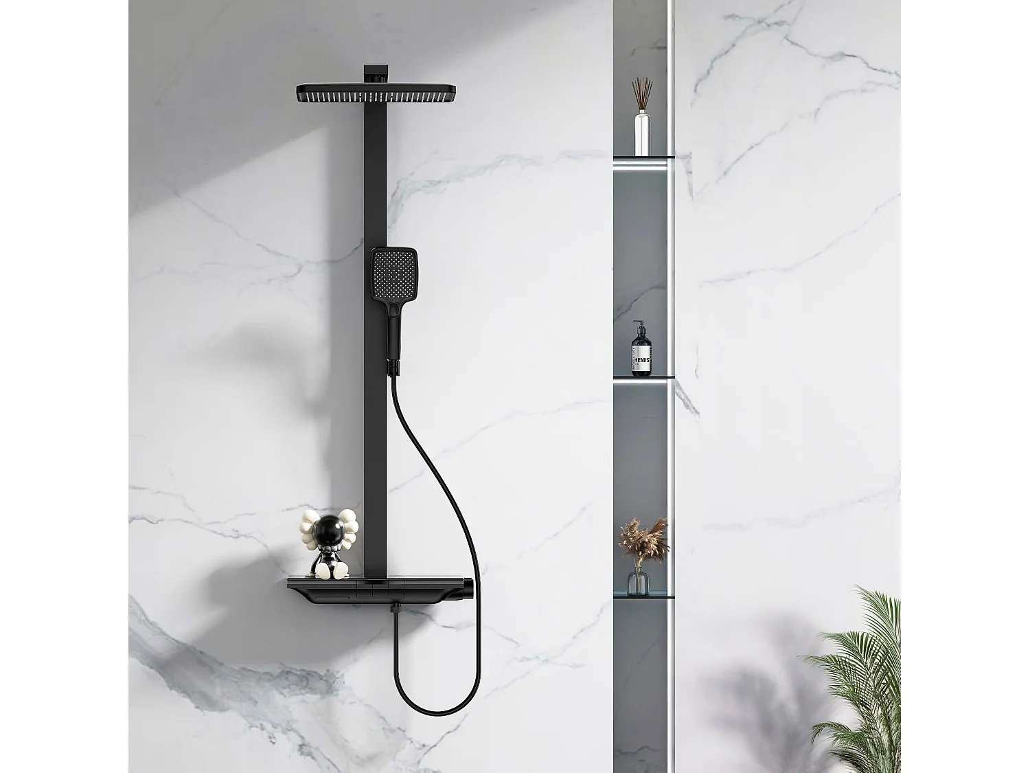 Colonne de Douche Thermostatique 40℃ avec plaque thermostatique de 40 cm Ensemble de Douche en Laiton douchette à main avec 4 intensités de jet