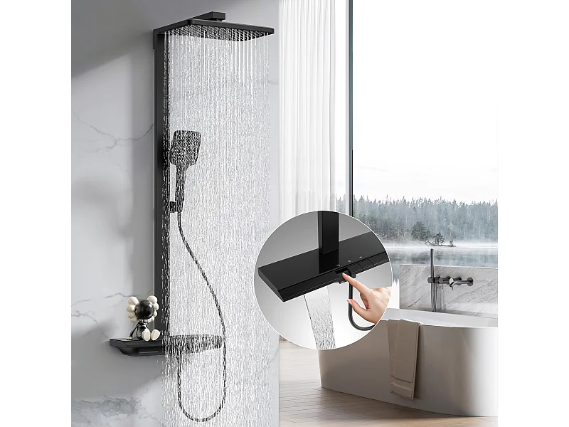 Colonne de Douche Thermostatique 40℃ avec plaque thermostatique de 40 cm Ensemble de Douche en Laiton douchette à main avec 4 intensités de jet