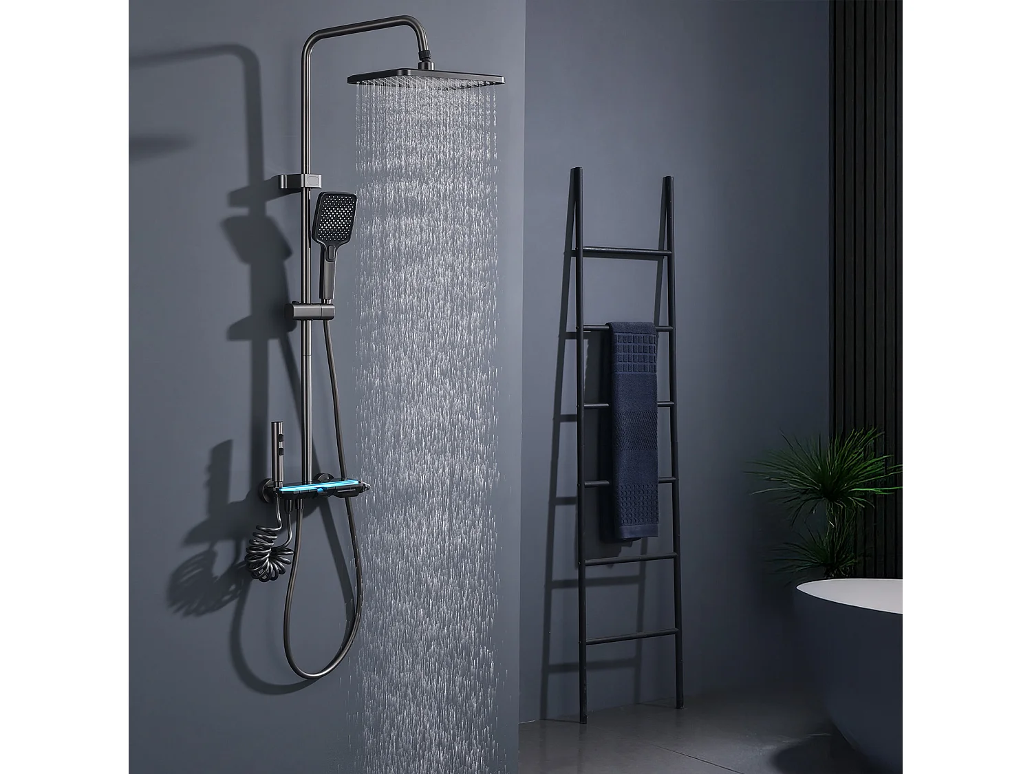 Colonne de Douche Noir avec LED et Affichage Numérique, Ensemble de Douche à 4 Fonctions, Étagère de Rangement Intégrée et Système en Laiton