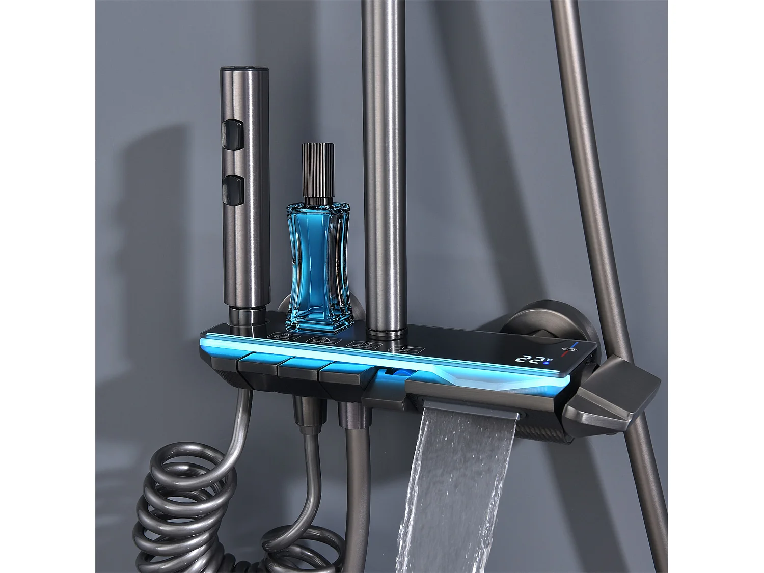 Colonne de Douche Noir avec LED et Affichage Numérique, Ensemble de Douche à 4 Fonctions, Étagère de Rangement Intégrée et Système en Laiton