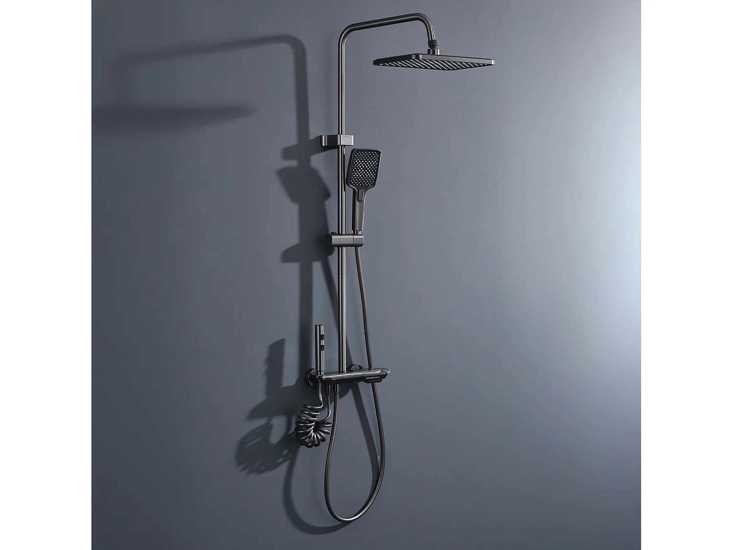 Colonne de Douche Noir avec LED et Affichage Numérique, Ensemble de Douche à 4 Fonctions, Étagère de Rangement Intégrée et Système en Laiton