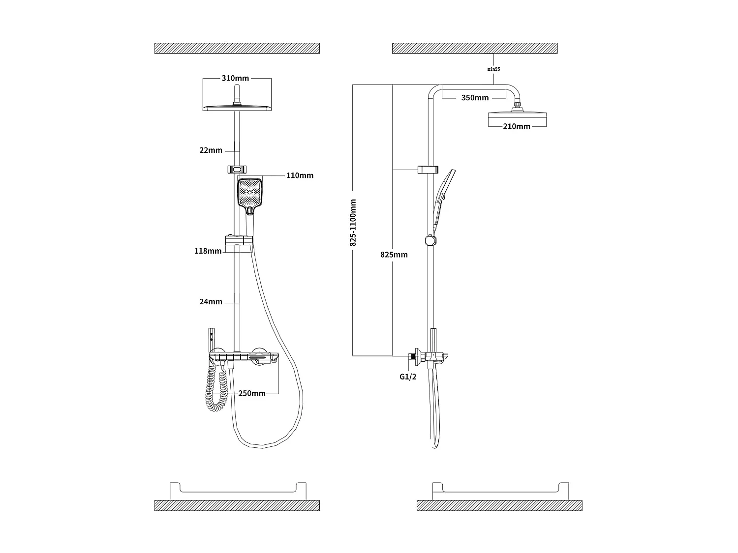 Colonne de Douche Noir avec LED et Affichage Numérique, Ensemble de Douche à 4 Fonctions, Étagère de Rangement Intégrée et Système en Laiton