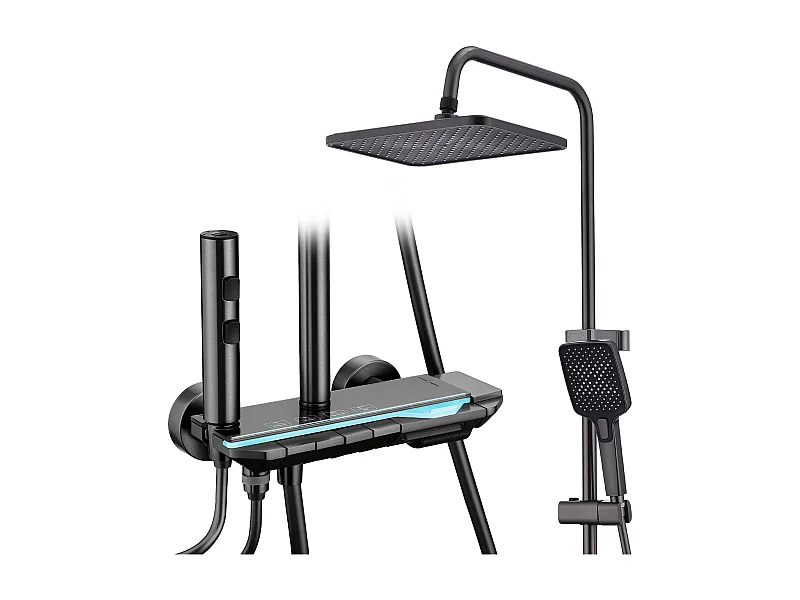 Colonne de Douche Noir avec LED et Affichage Numérique, Ensemble de Douche à 4 Fonctions, Étagère de Rangement Intégrée et Système en Laiton