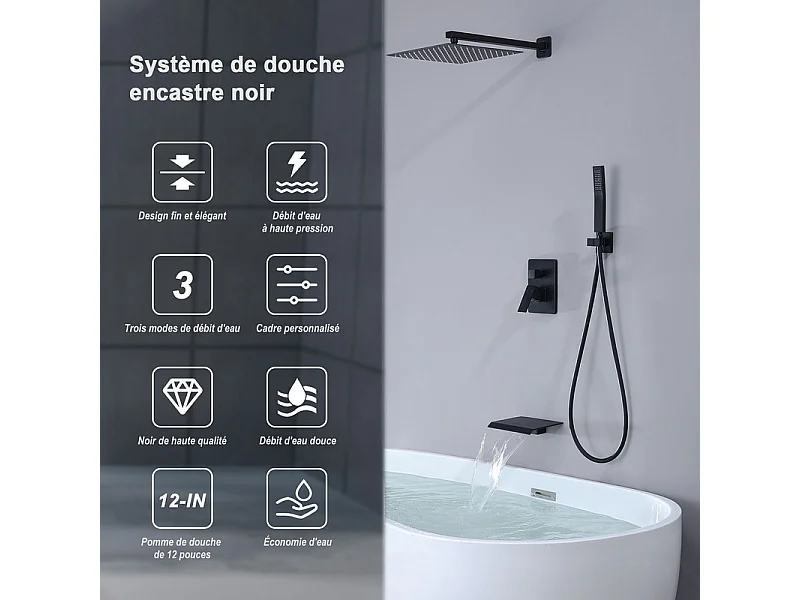 Colonne de Douche Encastrée Noir, Ensemble de Douche avec 12" Grande Tête et Bec Descendant en Cascade, Système de Douche Encastrable Corps en Laiton