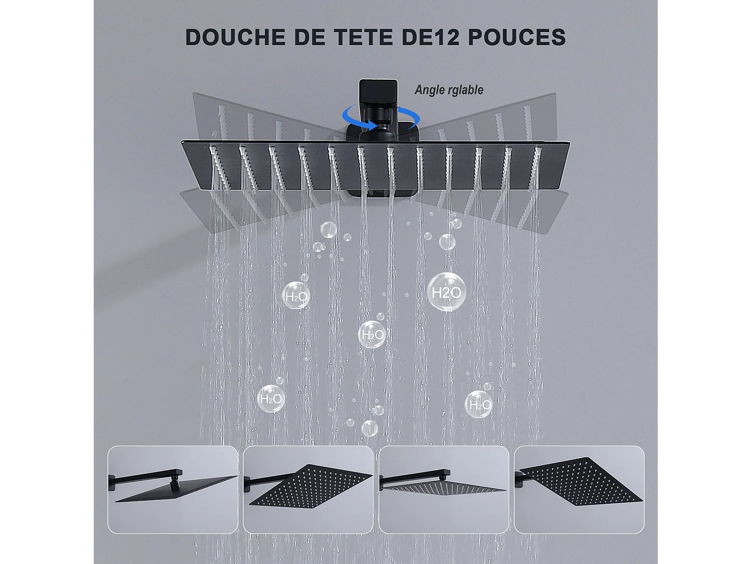 Colonne de Douche Encastrée Noir, Ensemble de Douche avec 12" Grande Tête et Bec Descendant en Cascade, Système de Douche Encastrable Corps en Laiton
