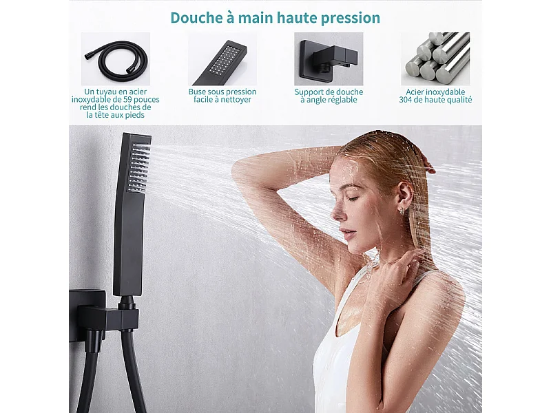 Colonne de Douche Encastrée Noir, Ensemble de Douche avec 12" Grande Tête et Bec Descendant en Cascade, Système de Douche Encastrable Corps en Laiton