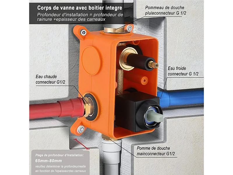 Colonne de Douche Encastrée Noir, Ensemble de Douche avec 12" Grande Tête et Bec Descendant en Cascade, Système de Douche Encastrable Corps en Laiton