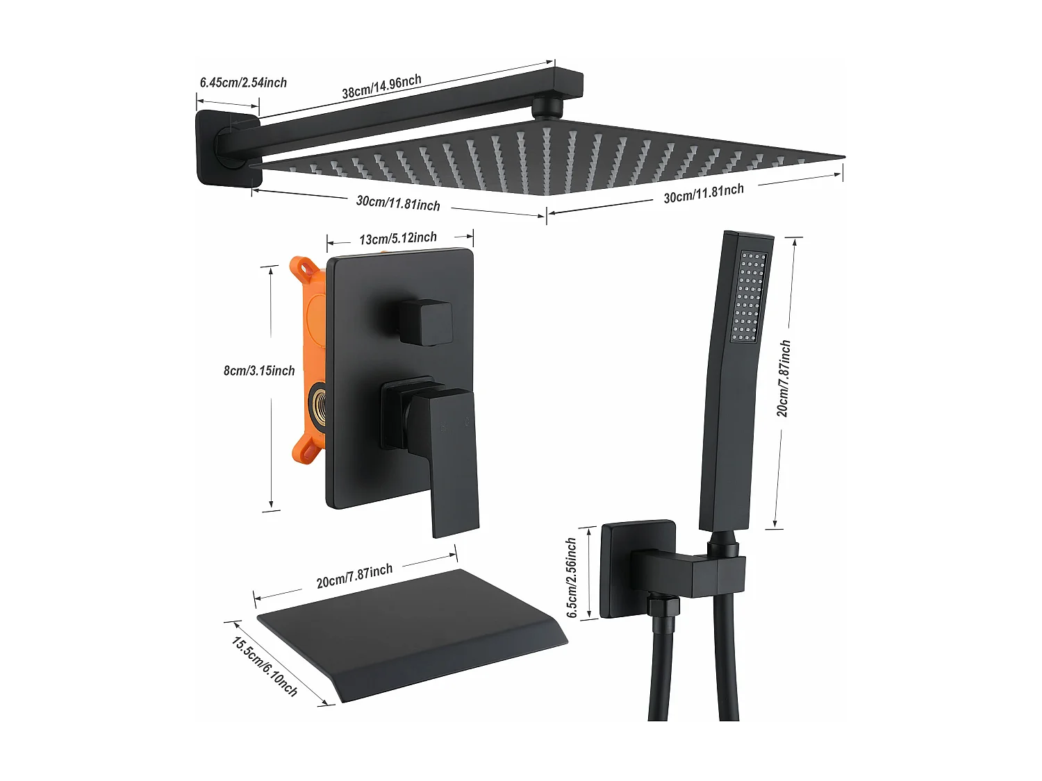 Colonne de Douche Encastrée Noir, Ensemble de Douche avec 12" Grande Tête et Bec Descendant en Cascade, Système de Douche Encastrable Corps en Laiton