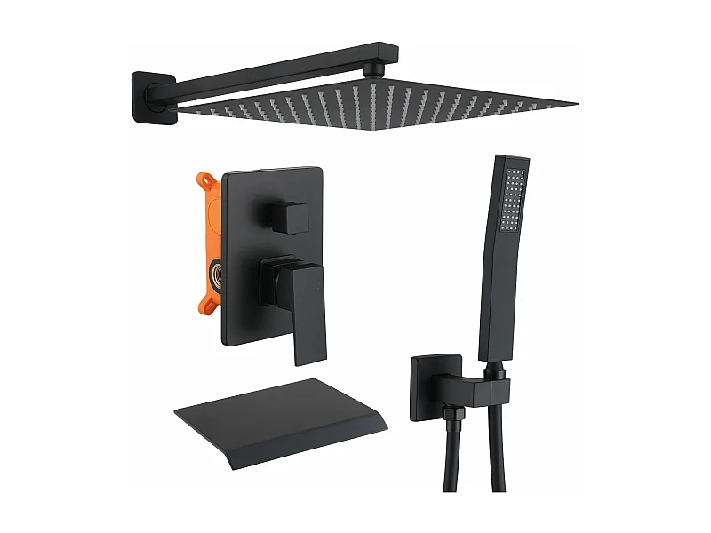 Colonne de Douche Encastrée Noir, Ensemble de Douche avec 12" Grande Tête et Bec Descendant en Cascade, Système de Douche Encastrable Corps en Laiton