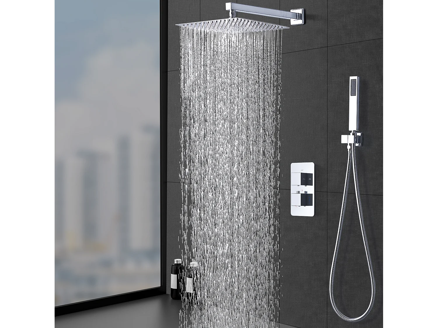 Encastrée Colonne de Douche Chromé, Ensemble de Douche Thermostatique 38℃ Kit Douche Encastrable Grand Tête de Douche Carré Corp en Laiton