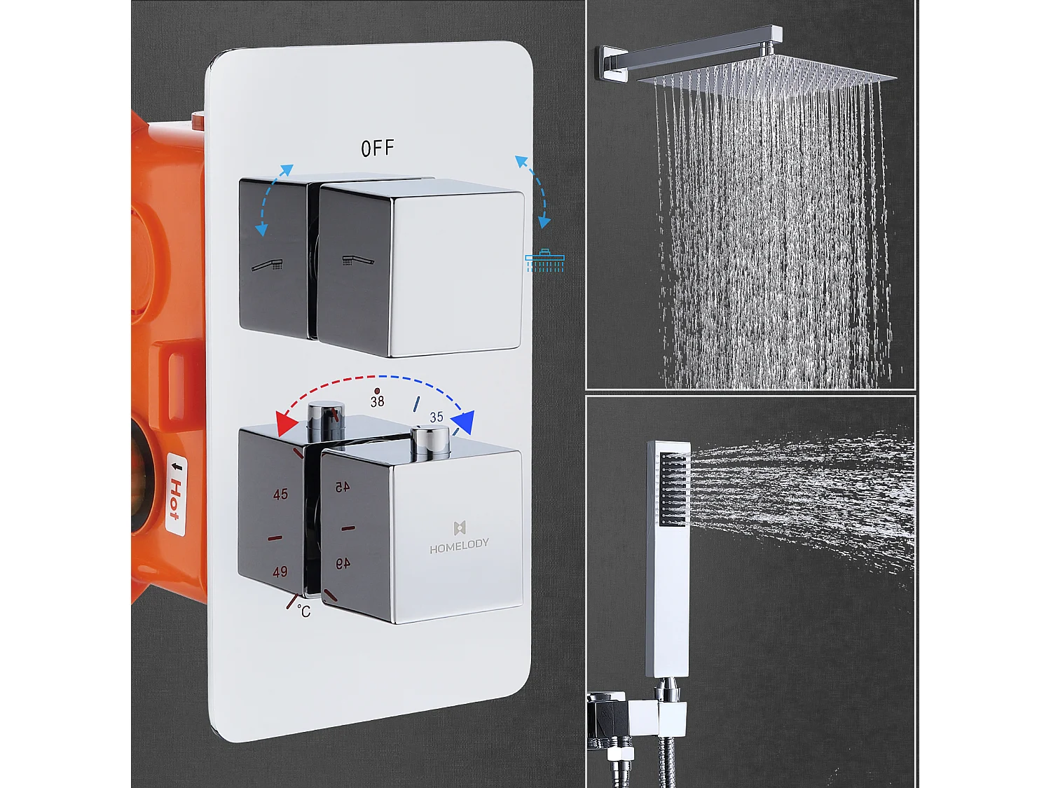 Encastrée Colonne de Douche Chromé, Ensemble de Douche Thermostatique 38℃ Kit Douche Encastrable Grand Tête de Douche Carré Corp en Laiton