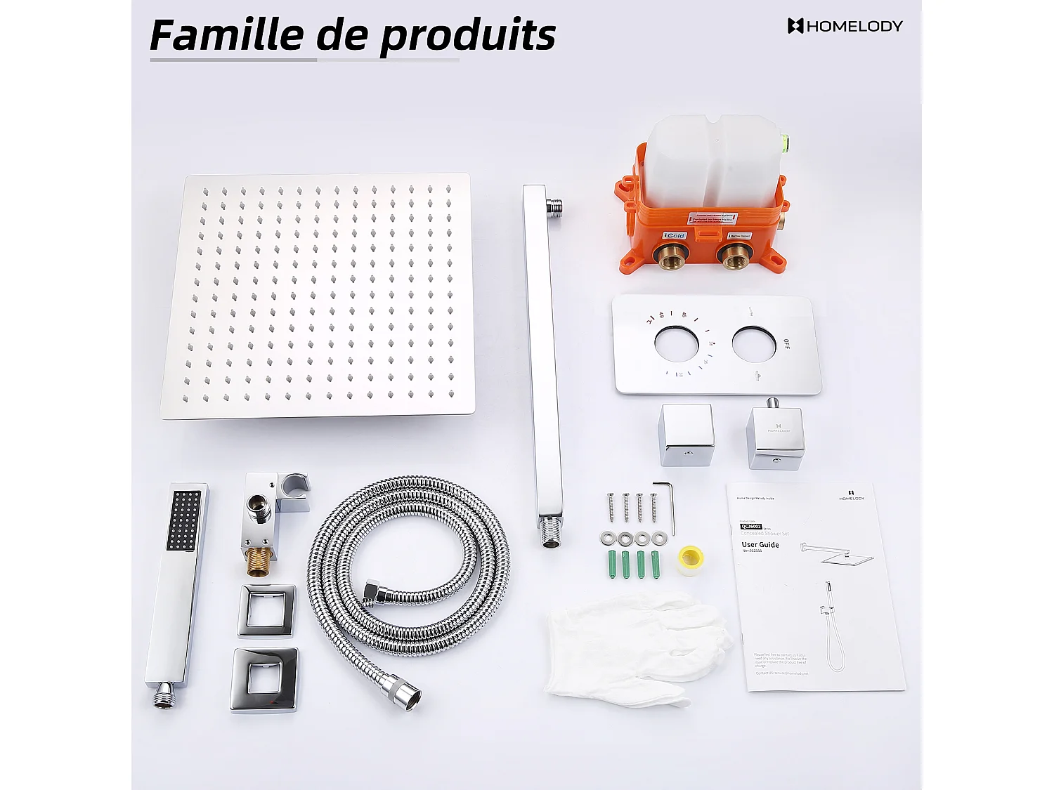 Encastrée Colonne de Douche Chromé, Ensemble de Douche Thermostatique 38℃ Kit Douche Encastrable Grand Tête de Douche Carré Corp en Laiton