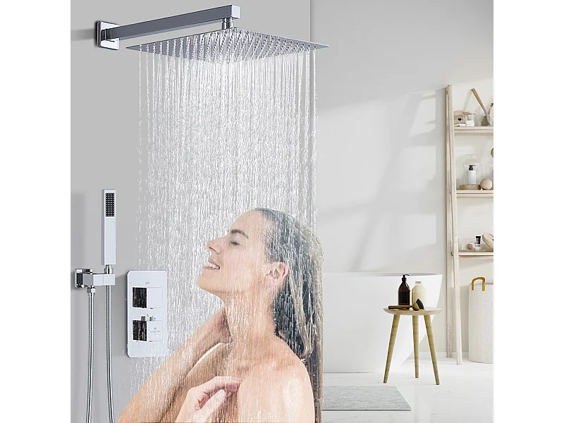 Encastrée Colonne de Douche Chromé, Ensemble de Douche Thermostatique 38℃ Kit Douche Encastrable Grand Tête de Douche Carré Corp en Laiton