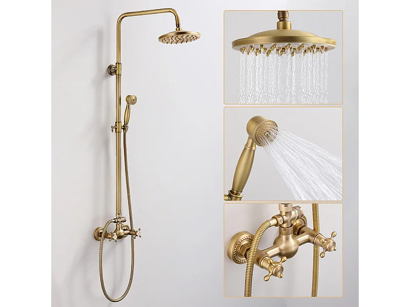 Colonne de Douche Mécanique  Ensemble de Douche à Double Poignée Rétro Système de Douche Réglable Kit de Douche en Laiton Antique Finition Bronze