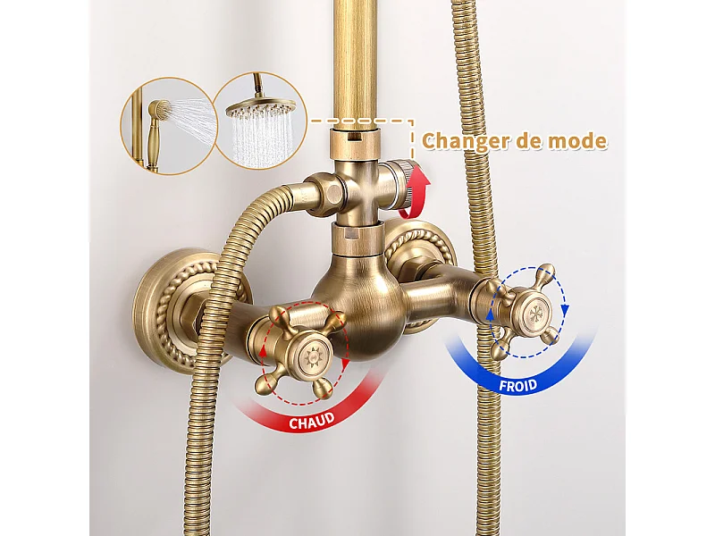 Colonne de Douche Mécanique  Ensemble de Douche à Double Poignée Rétro Système de Douche Réglable Kit de Douche en Laiton Antique Finition Bronze