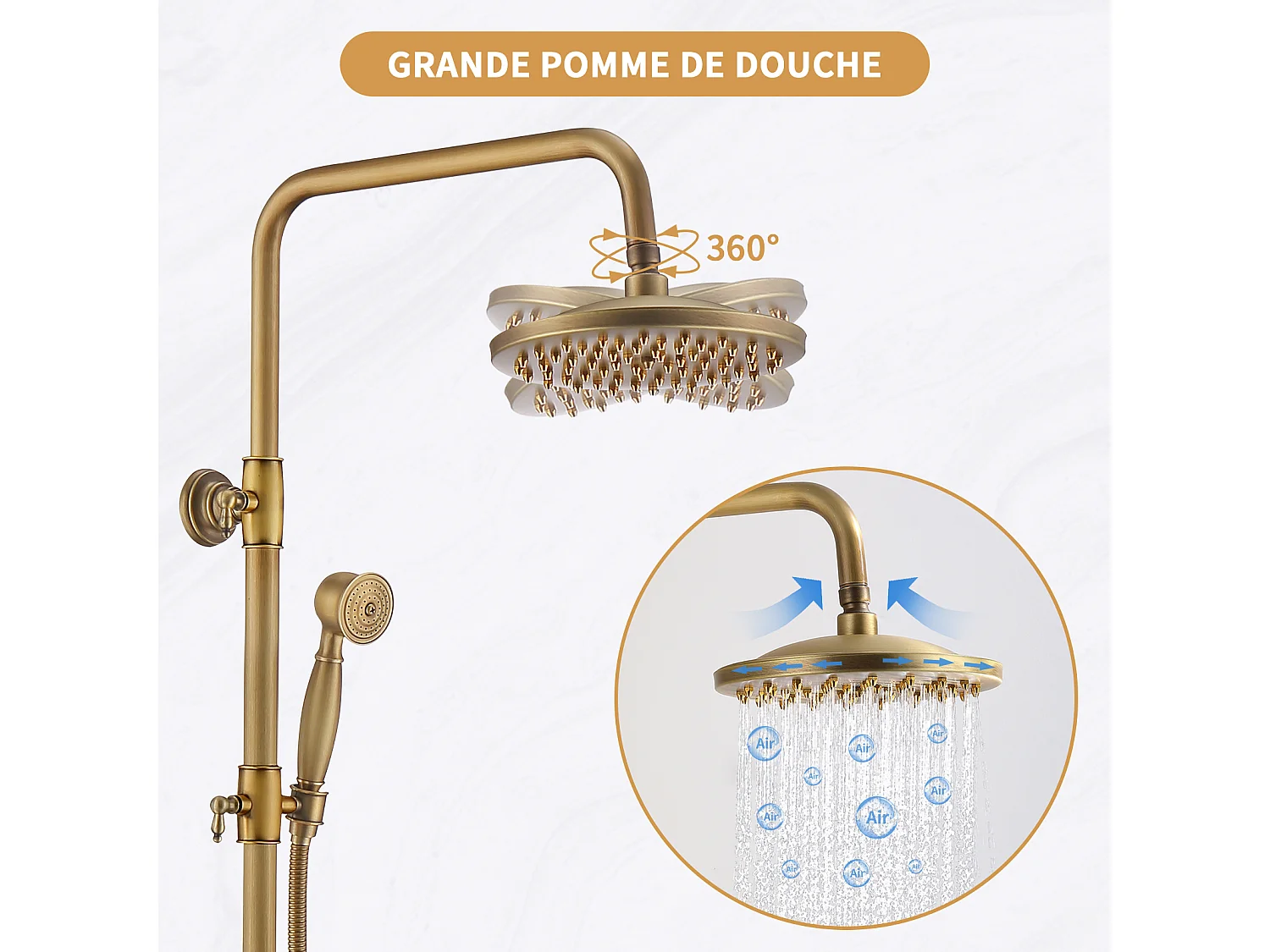 Colonne de Douche Mécanique  Ensemble de Douche à Double Poignée Rétro Système de Douche Réglable Kit de Douche en Laiton Antique Finition Bronze