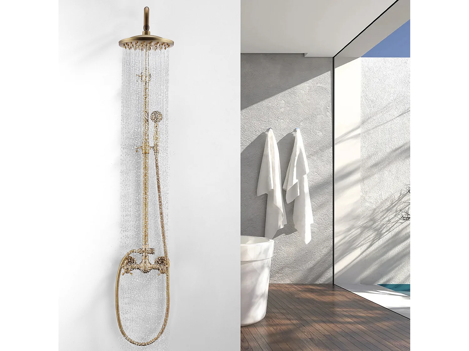 Colonne de Douche Mécanique  Ensemble de Douche à Double Poignée Rétro Système de Douche Réglable Kit de Douche en Laiton Antique Finition Bronze