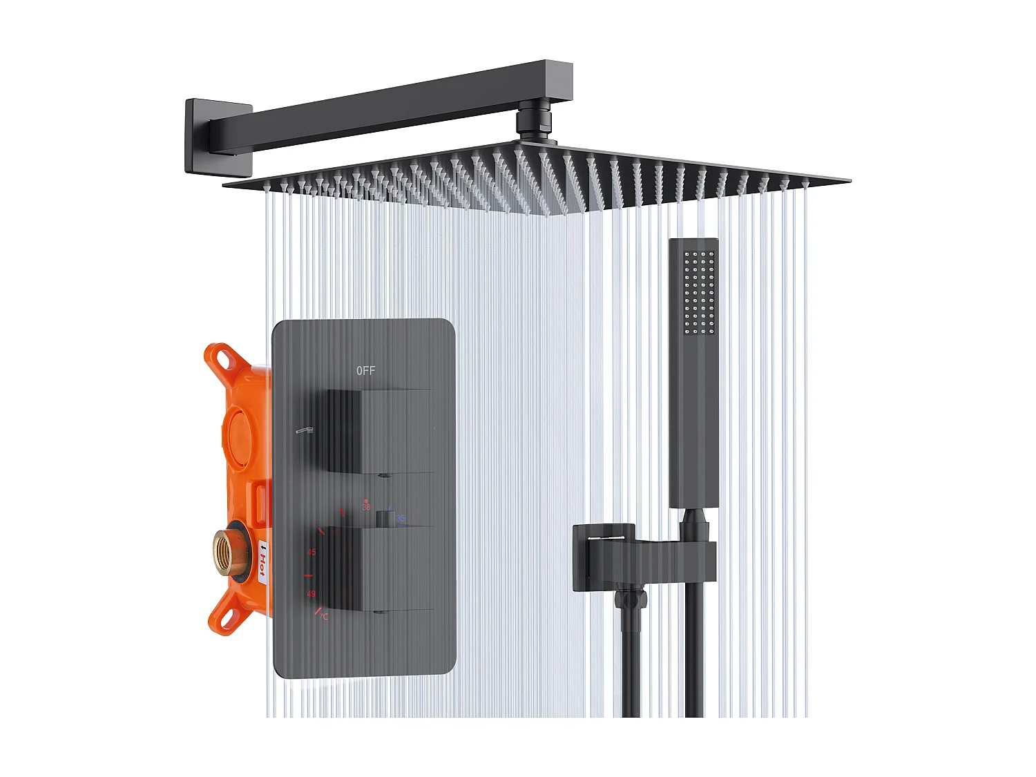 Colonne de Douche Encastrée Noir Système de Douche Thermostat en Laiton avec Tête de Douche Carrée 30*30CM HOMELODY