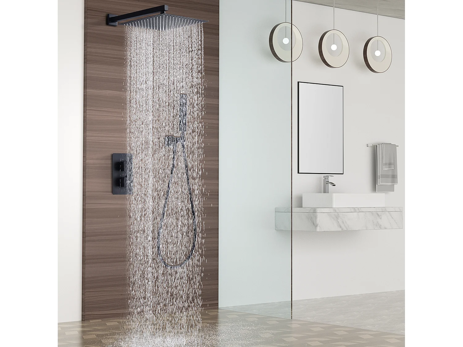 Colonne de Douche Encastrée Noir Système de Douche Thermostat en Laiton avec Tête de Douche Carrée 30*30CM HOMELODY