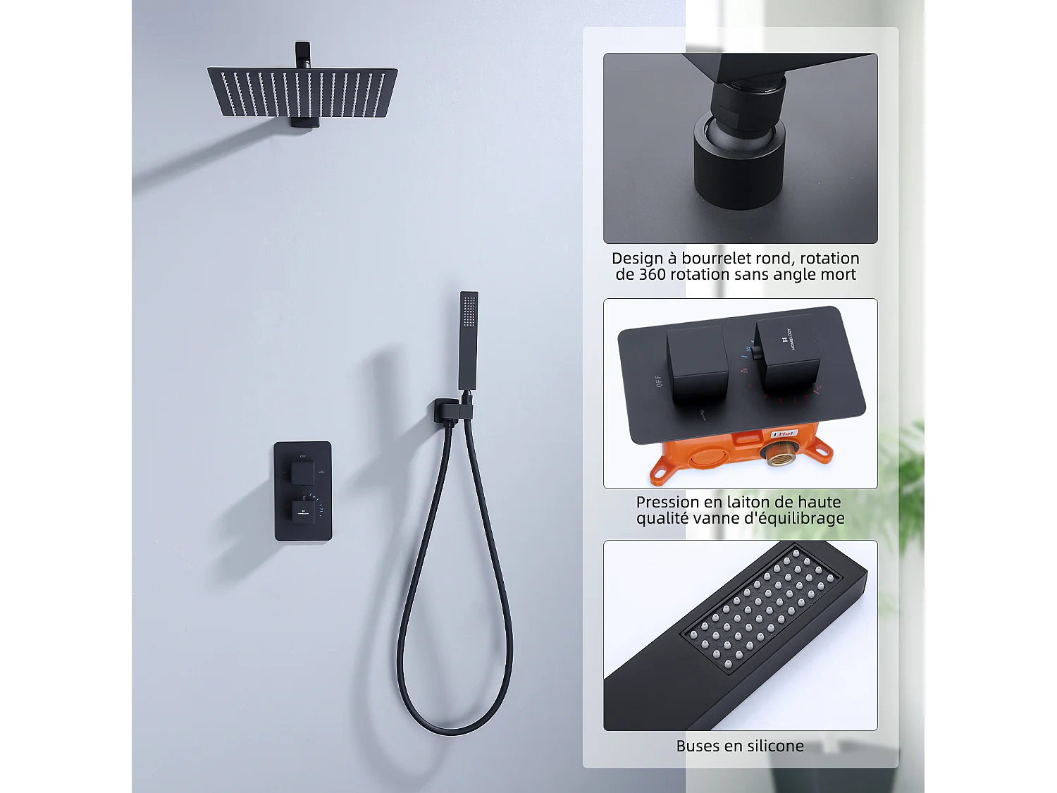 Colonne de Douche Encastrée Noir Système de Douche Thermostat en Laiton avec Tête de Douche Carrée 30*30CM HOMELODY