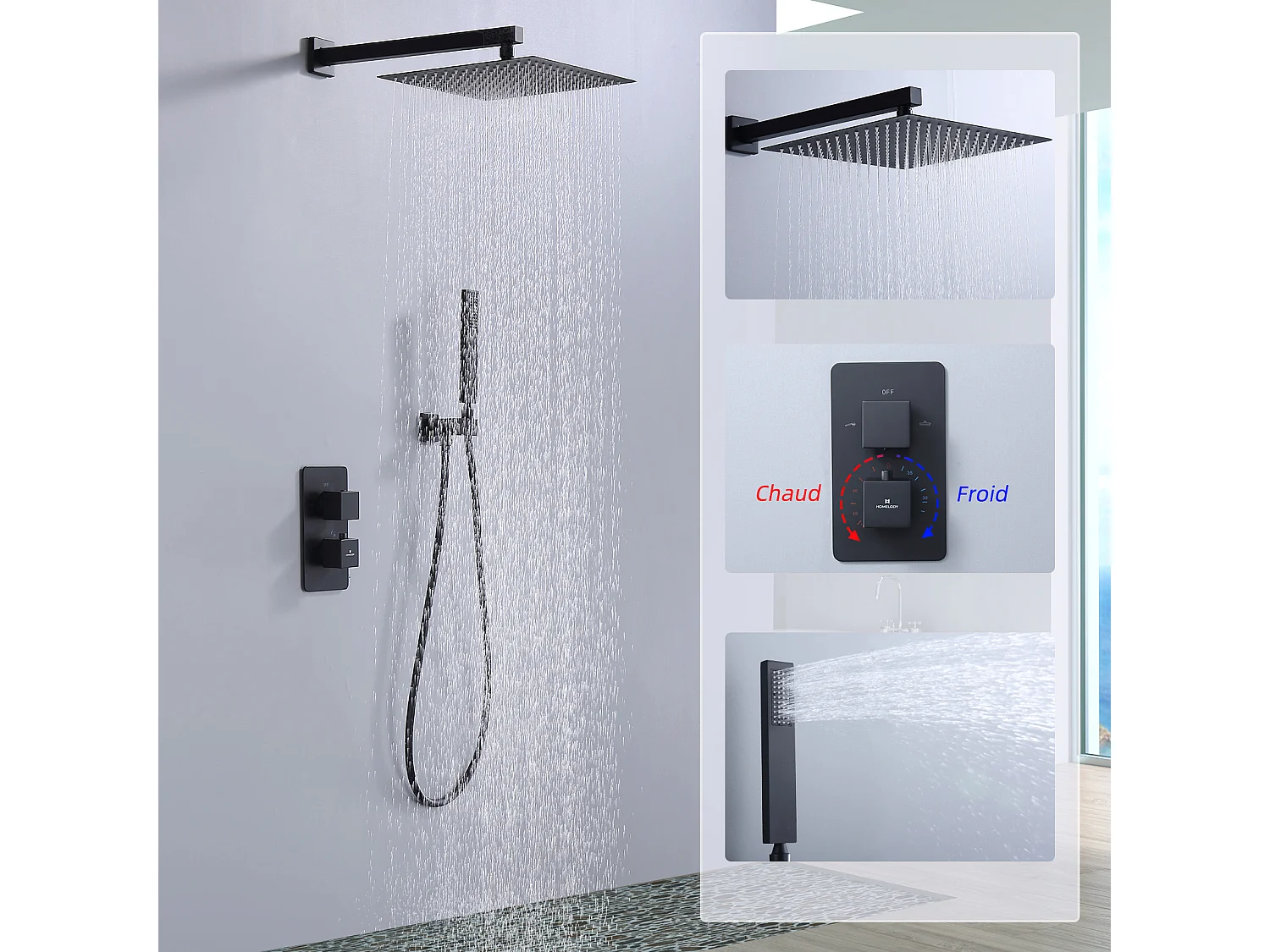 Colonne de Douche Encastrée Noir Système de Douche Thermostat en Laiton avec Tête de Douche Carrée 30*30CM HOMELODY