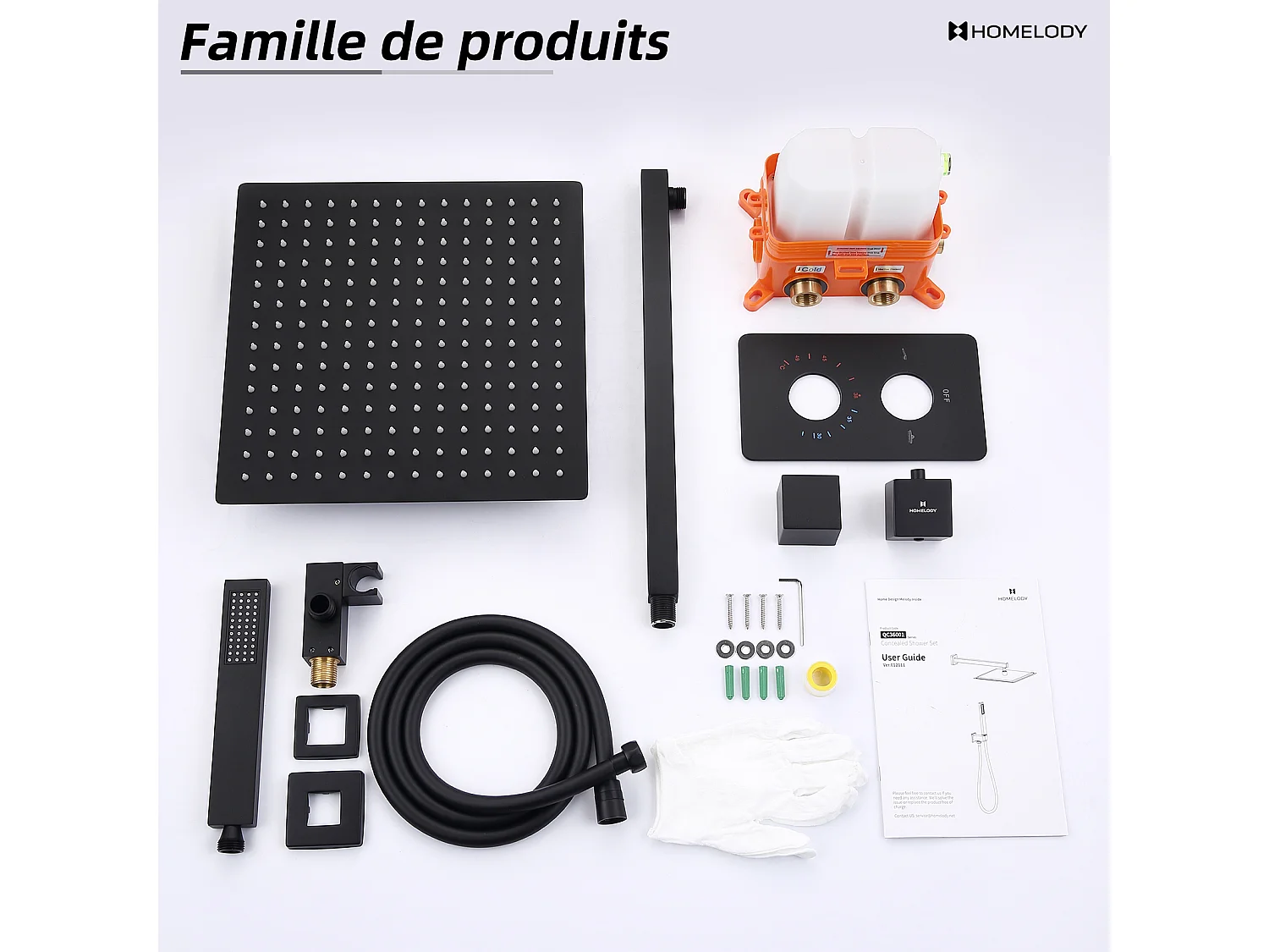 Colonne de Douche Encastrée Noir Système de Douche Thermostat en Laiton avec Tête de Douche Carrée 30*30CM HOMELODY