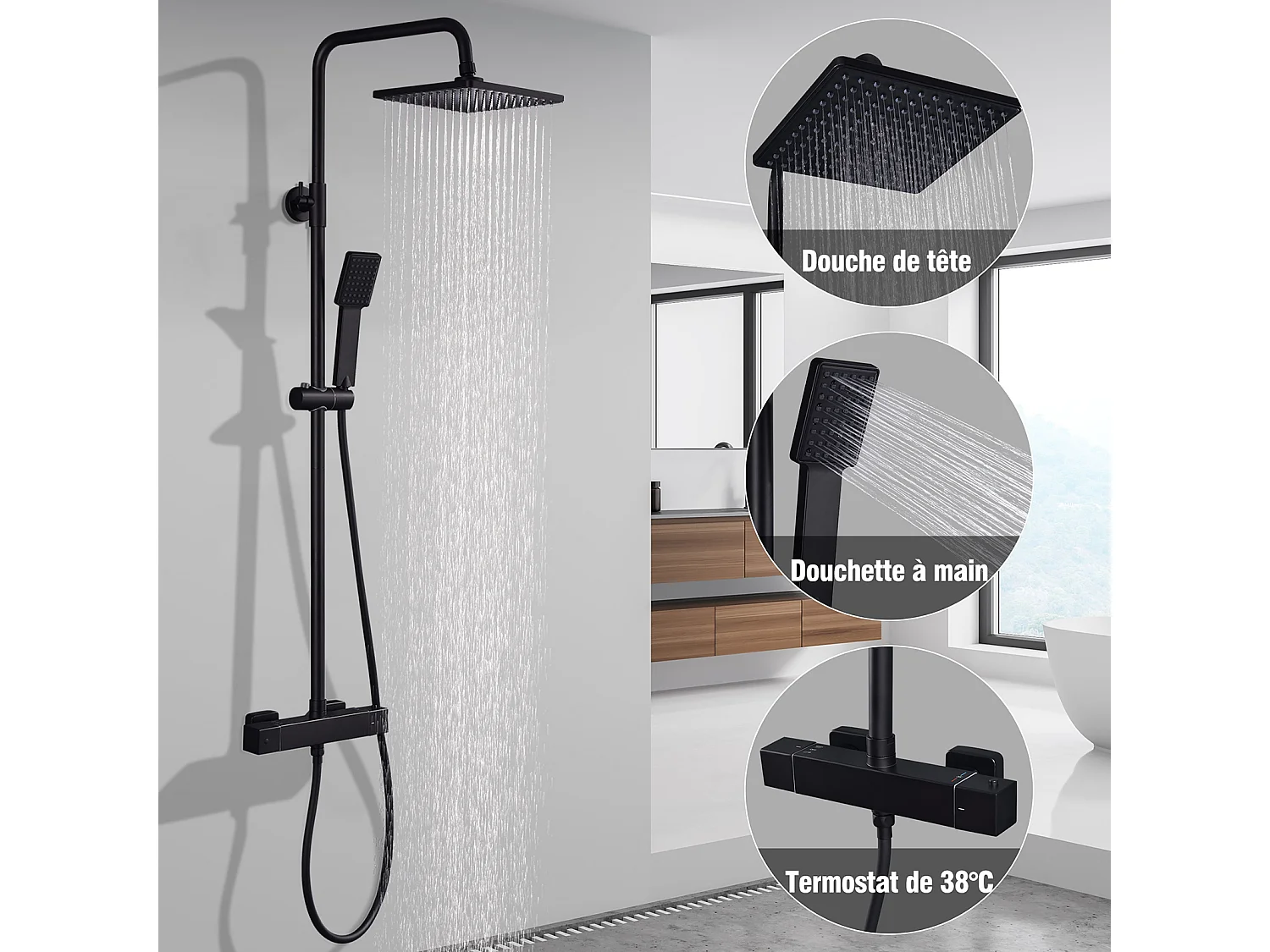 Colonne de Douche Thermostatique Ensemble de Douche Noir Kit de Douche en Laiton Pour Salle de Bain