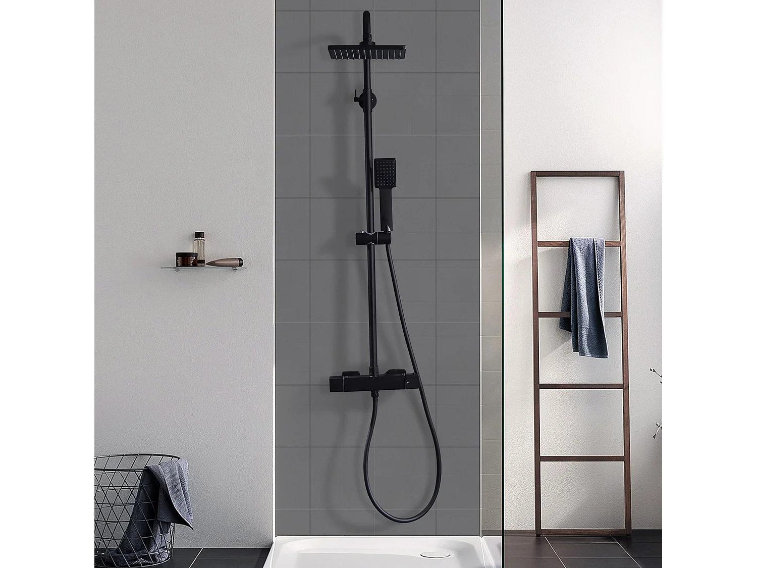 Colonne de Douche Thermostatique Ensemble de Douche Noir Kit de Douche en Laiton Pour Salle de Bain