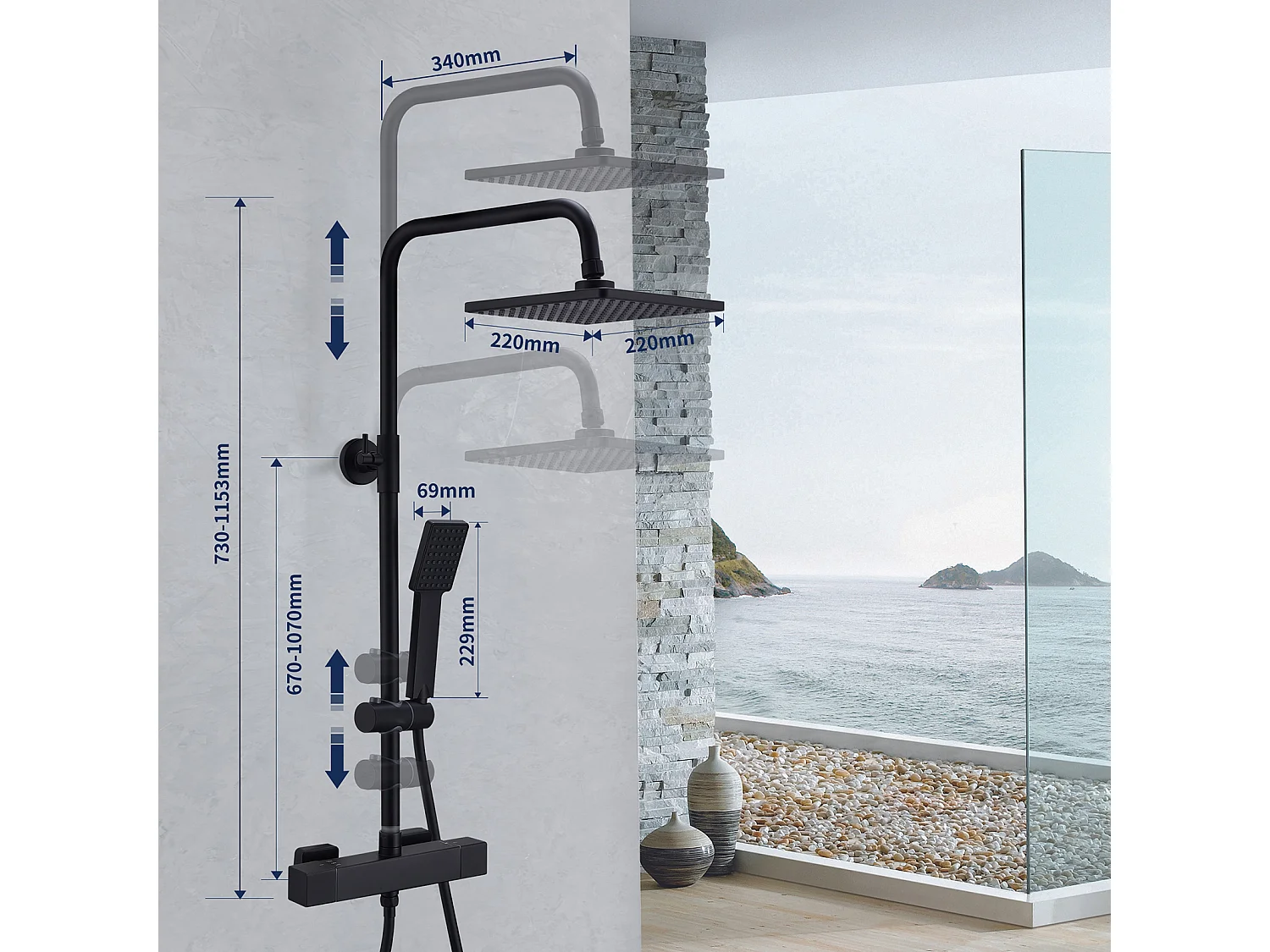 Colonne de Douche Thermostatique Ensemble de Douche Noir Kit de Douche en Laiton Pour Salle de Bain