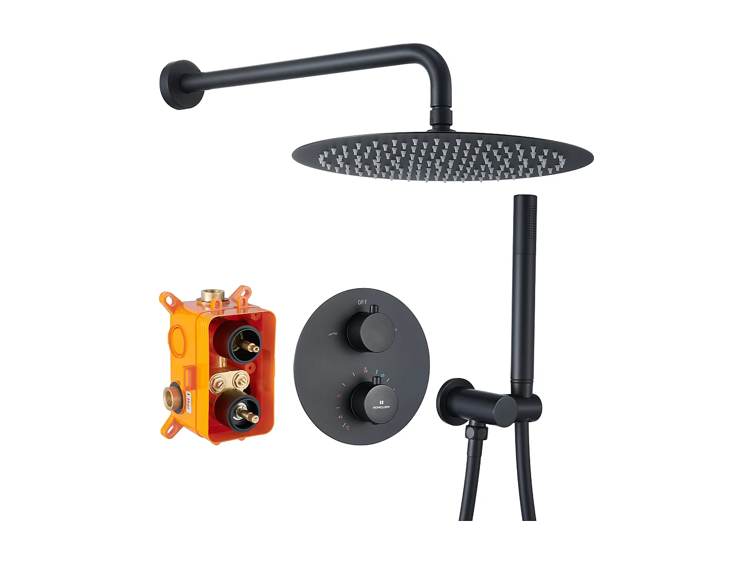 Encastré Ensemble de Douche Thermostatique Colonne de Douche Noir Système de douche Corps en Laiton HOMELODY