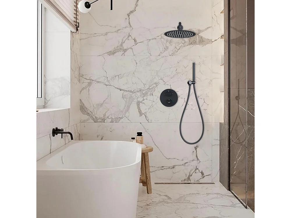 Encastré Ensemble de Douche Thermostatique Colonne de Douche Noir Système de douche Corps en Laiton HOMELODY