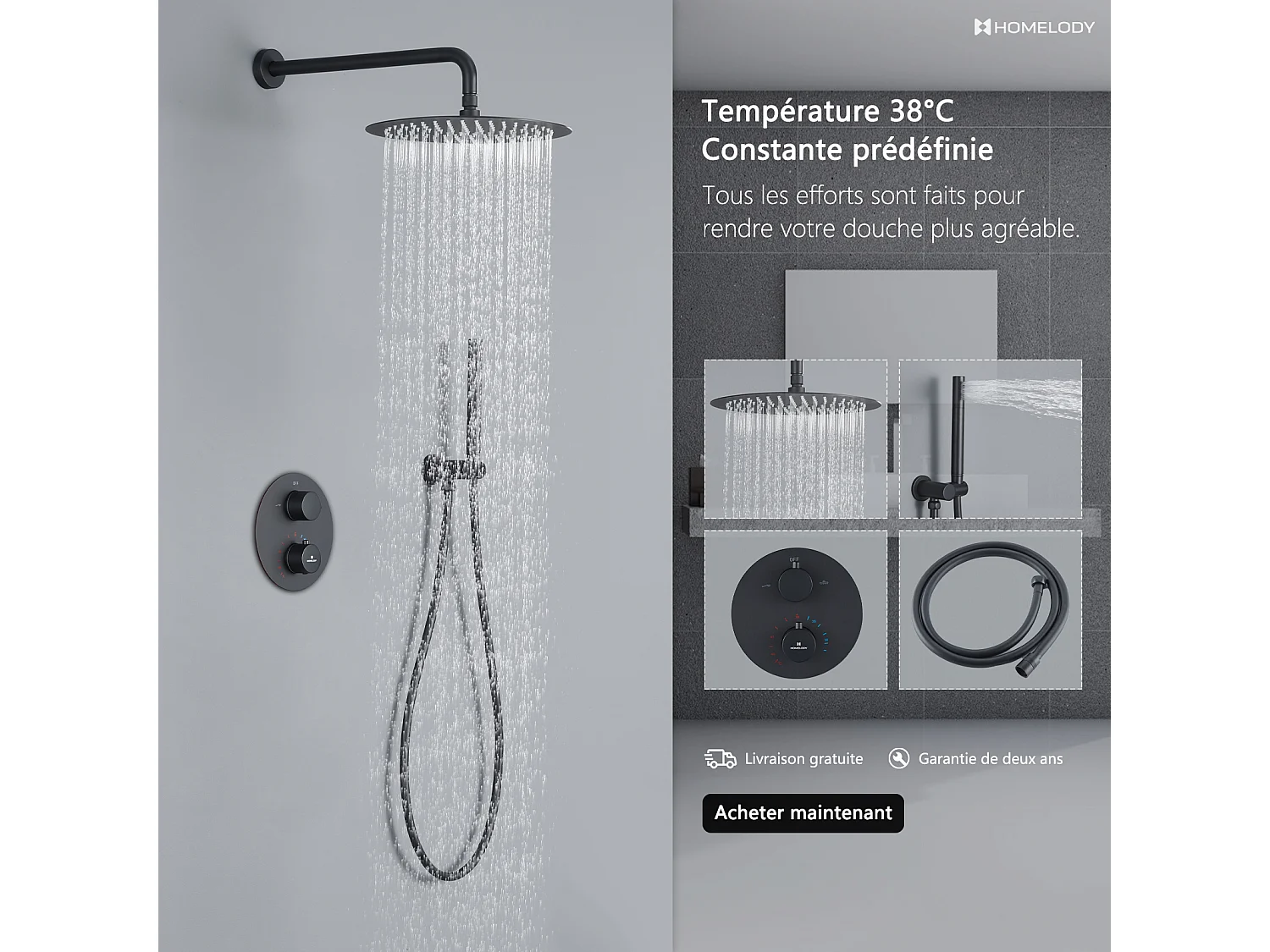 Encastré Ensemble de Douche Thermostatique Colonne de Douche Noir Système de douche Corps en Laiton HOMELODY