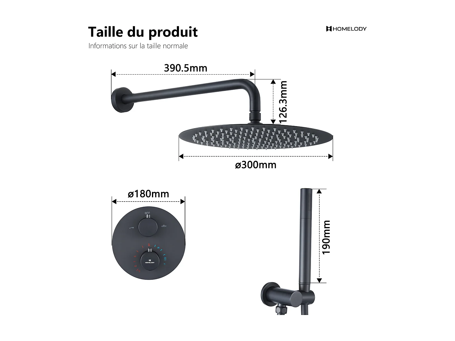 Encastré Ensemble de Douche Thermostatique Colonne de Douche Noir Système de douche Corps en Laiton HOMELODY