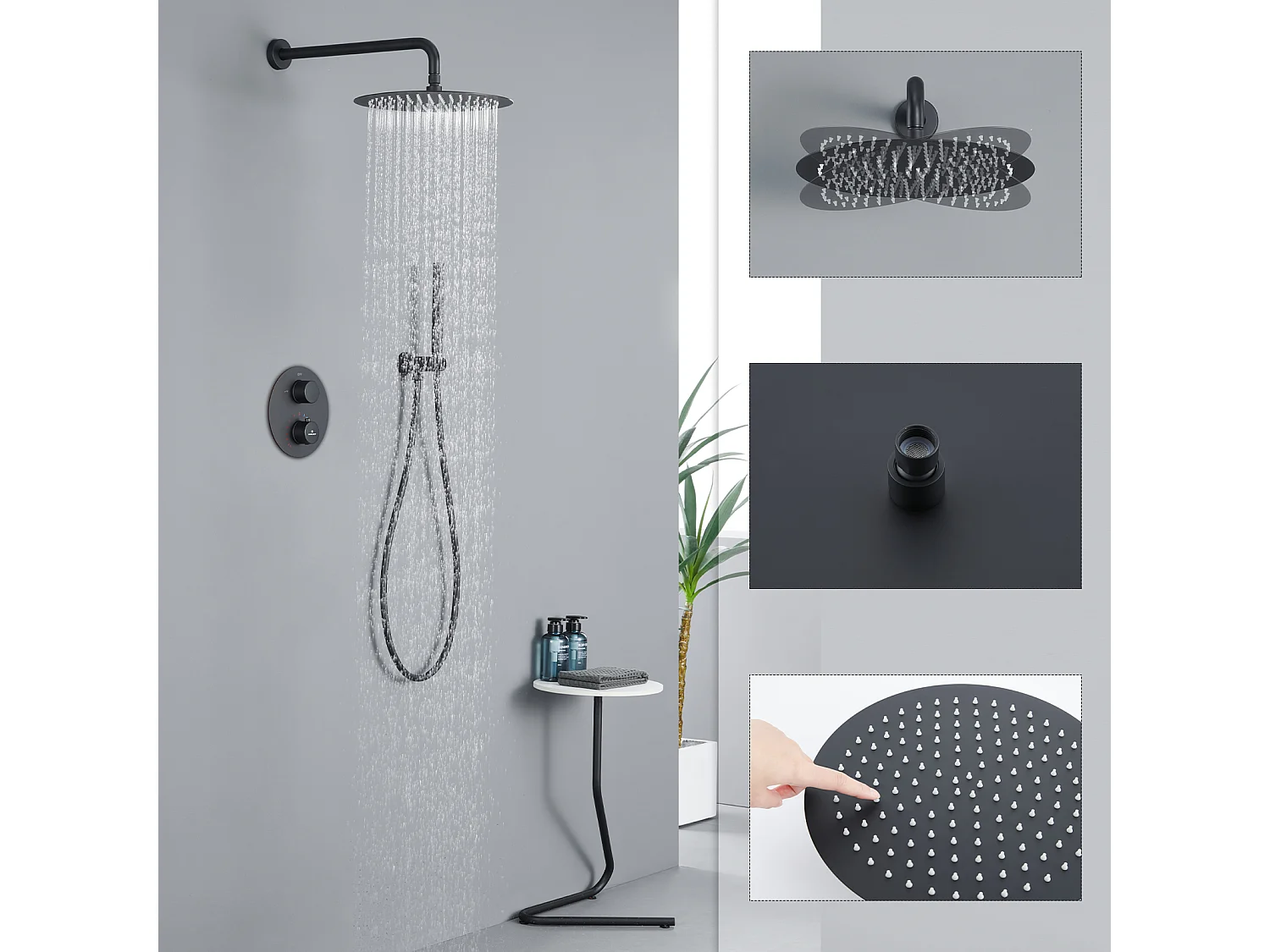 Encastré Ensemble de Douche Thermostatique Colonne de Douche Noir Système de douche Corps en Laiton HOMELODY