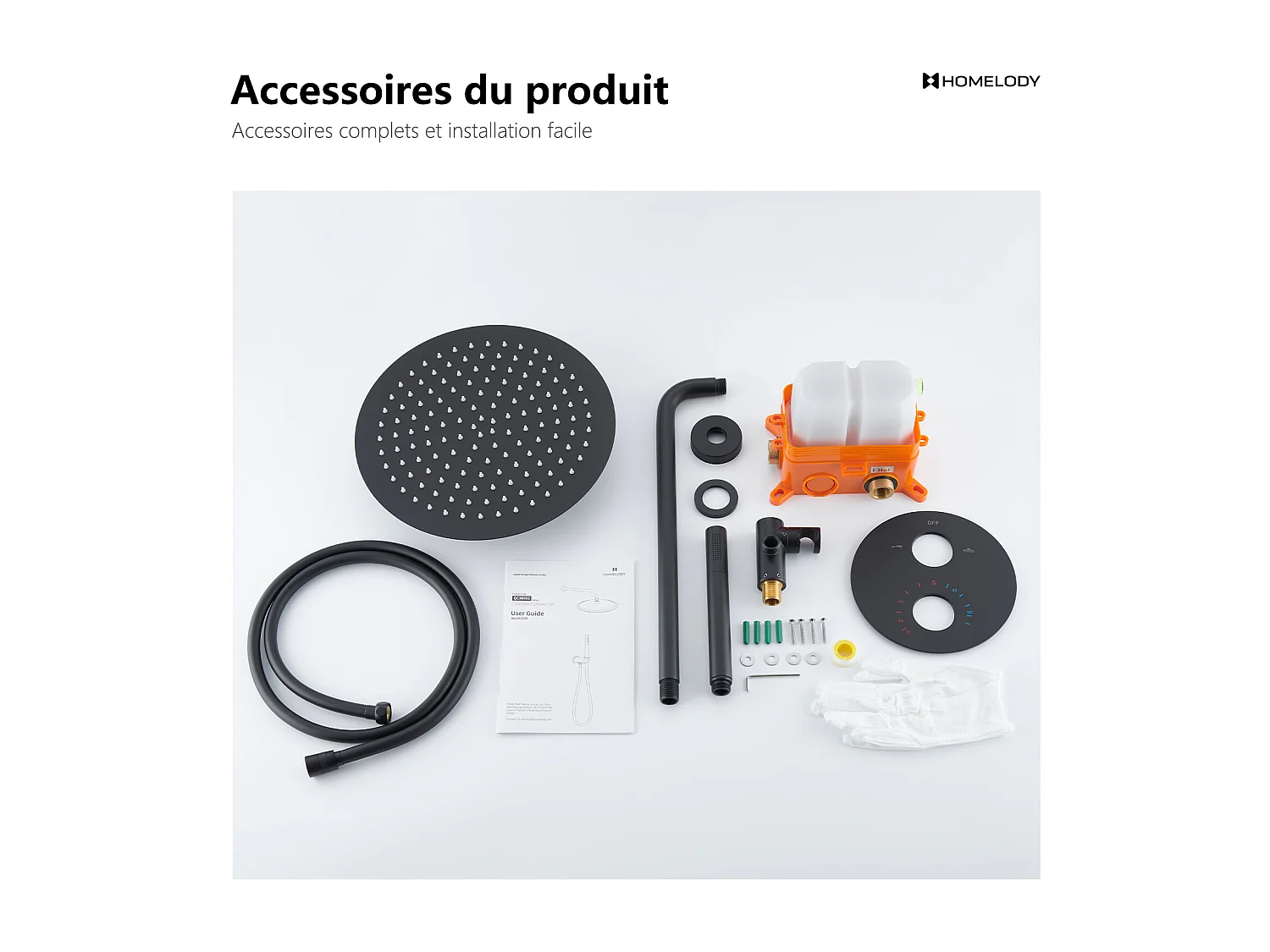 Encastré Ensemble de Douche Thermostatique Colonne de Douche Noir Système de douche Corps en Laiton HOMELODY