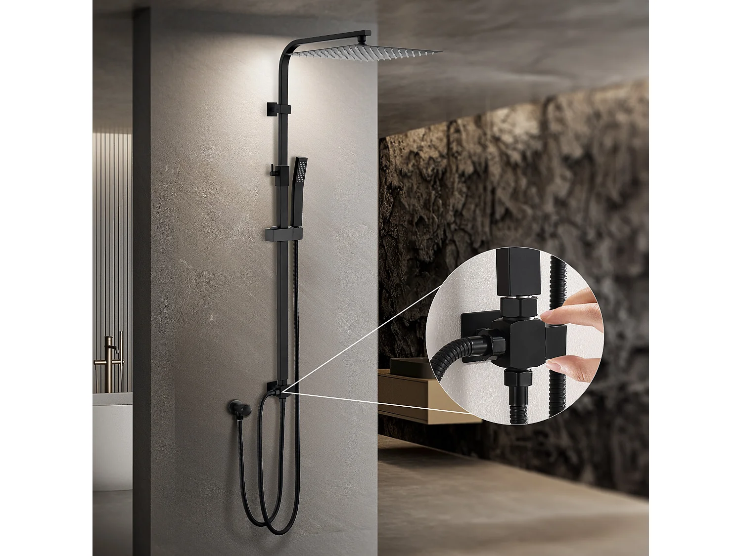 Colonne de Douche Système sans Mitigeur en Acier avec pomme de douche à effet pluie surdimensionnée en acier inoxydable, Noir