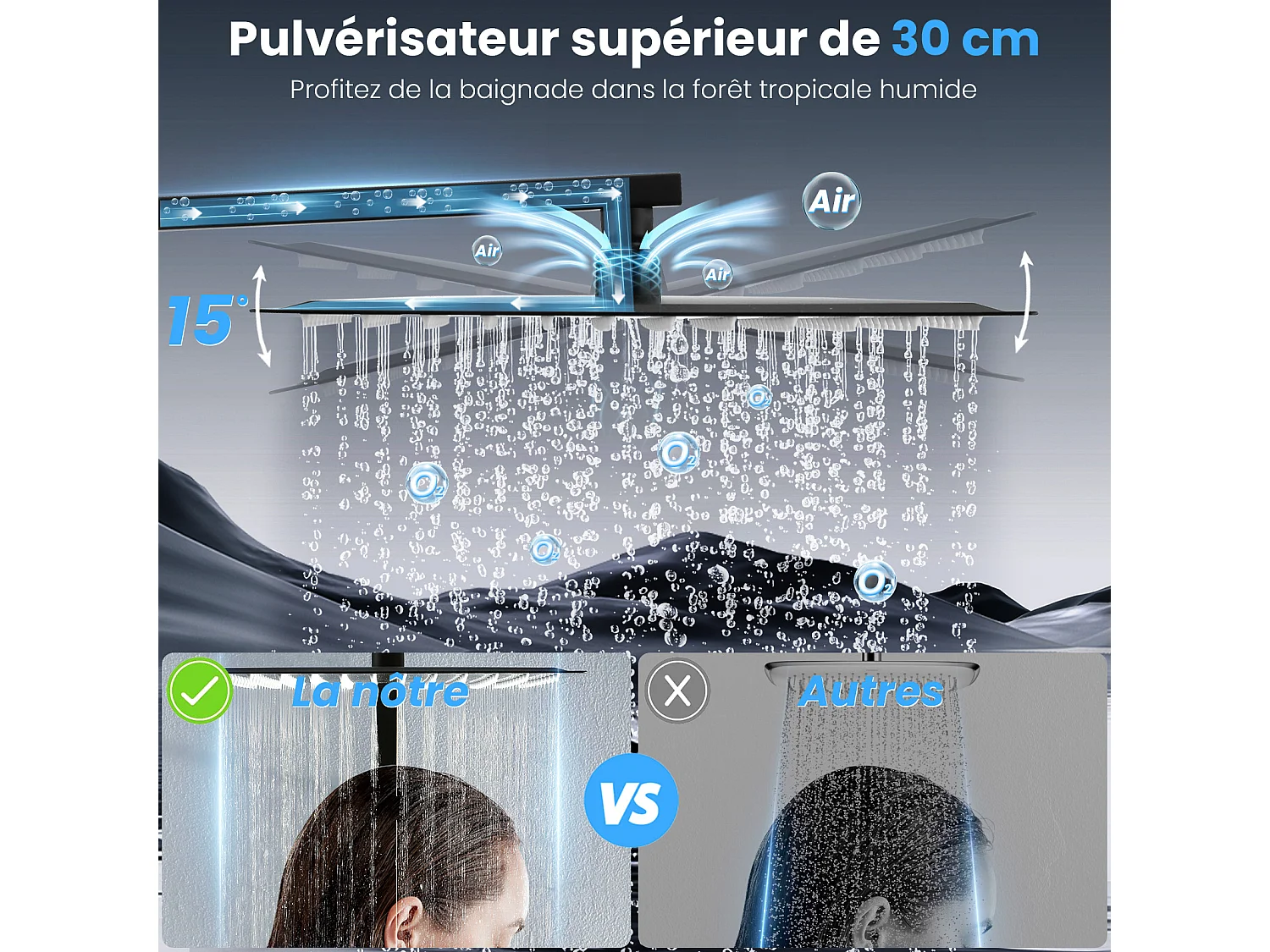 Colonne de Douche Système sans Mitigeur en Acier avec pomme de douche à effet pluie surdimensionnée en acier inoxydable, Noir