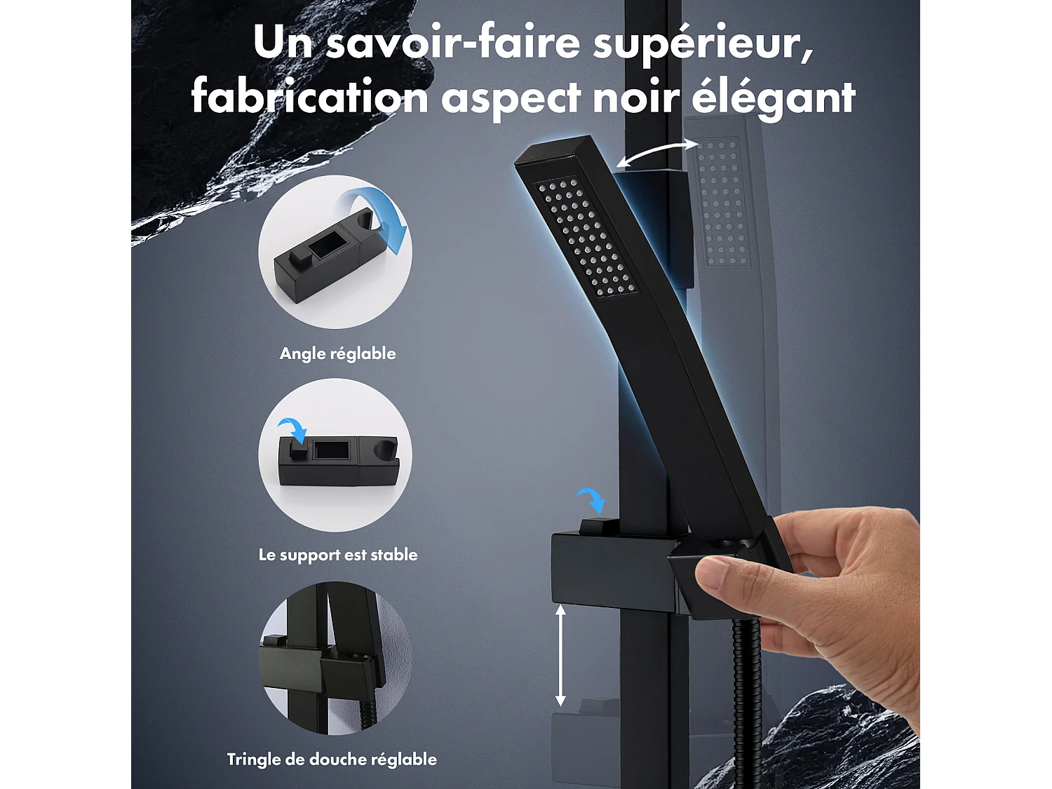 Colonne de Douche Système sans Mitigeur en Acier avec pomme de douche à effet pluie surdimensionnée en acier inoxydable, Noir