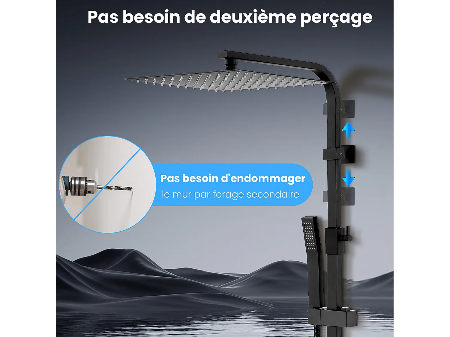 Colonne de Douche Système sans Mitigeur en Acier avec pomme de douche à effet pluie surdimensionnée en acier inoxydable, Noir