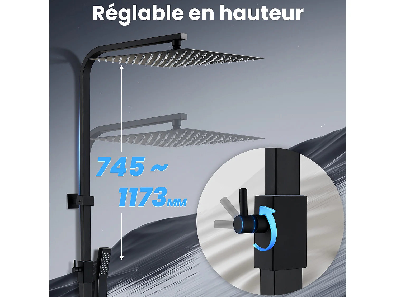 Colonne de Douche Système sans Mitigeur en Acier avec pomme de douche à effet pluie surdimensionnée en acier inoxydable, Noir