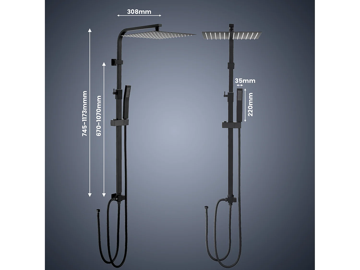 Colonne de Douche Système sans Mitigeur en Acier avec pomme de douche à effet pluie surdimensionnée en acier inoxydable, Noir