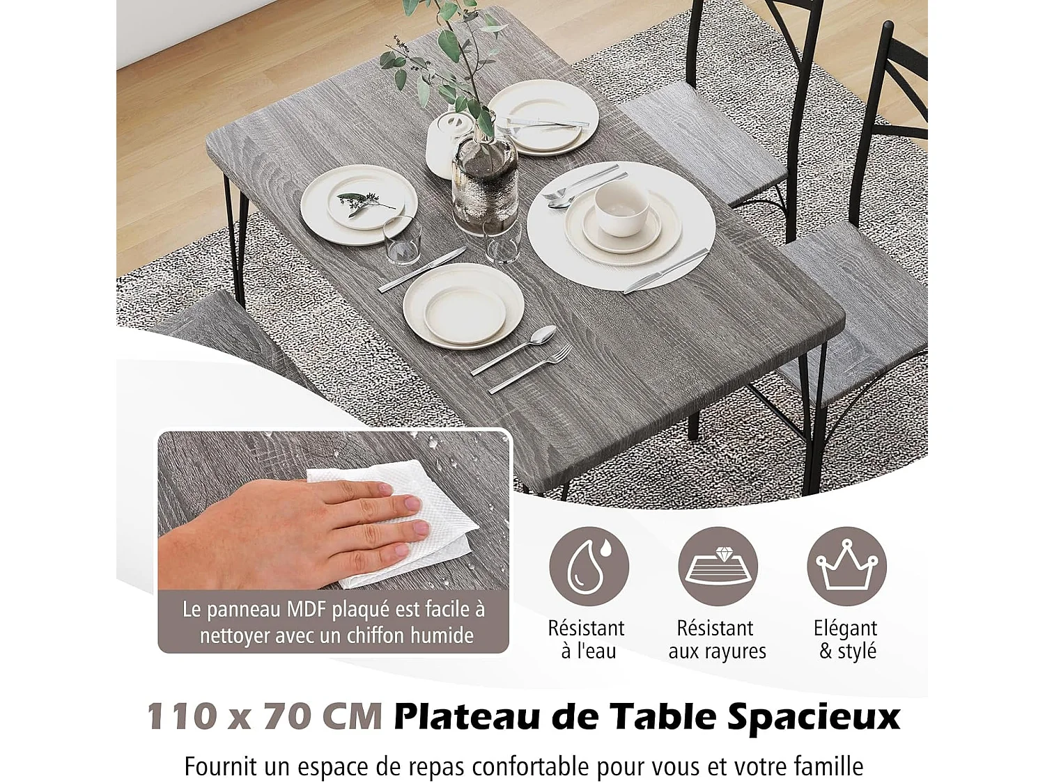 Ensemble Table à Manger avec 4 Chaises, Table de Cuisine avec 4 Chaises, Cadre en Métal, 110x70cm