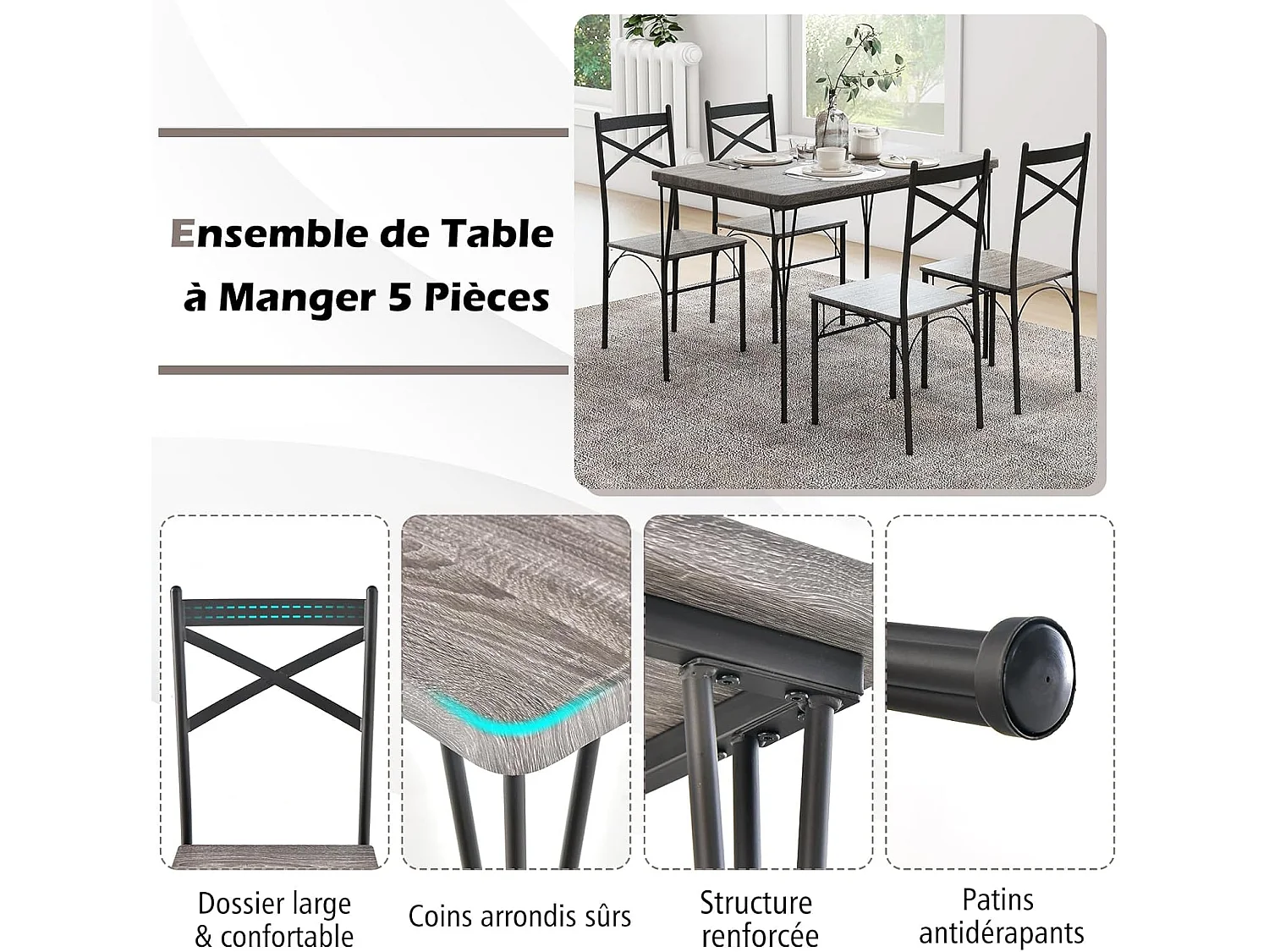 Ensemble Table à Manger avec 4 Chaises, Table de Cuisine avec 4 Chaises, Cadre en Métal, 110x70cm