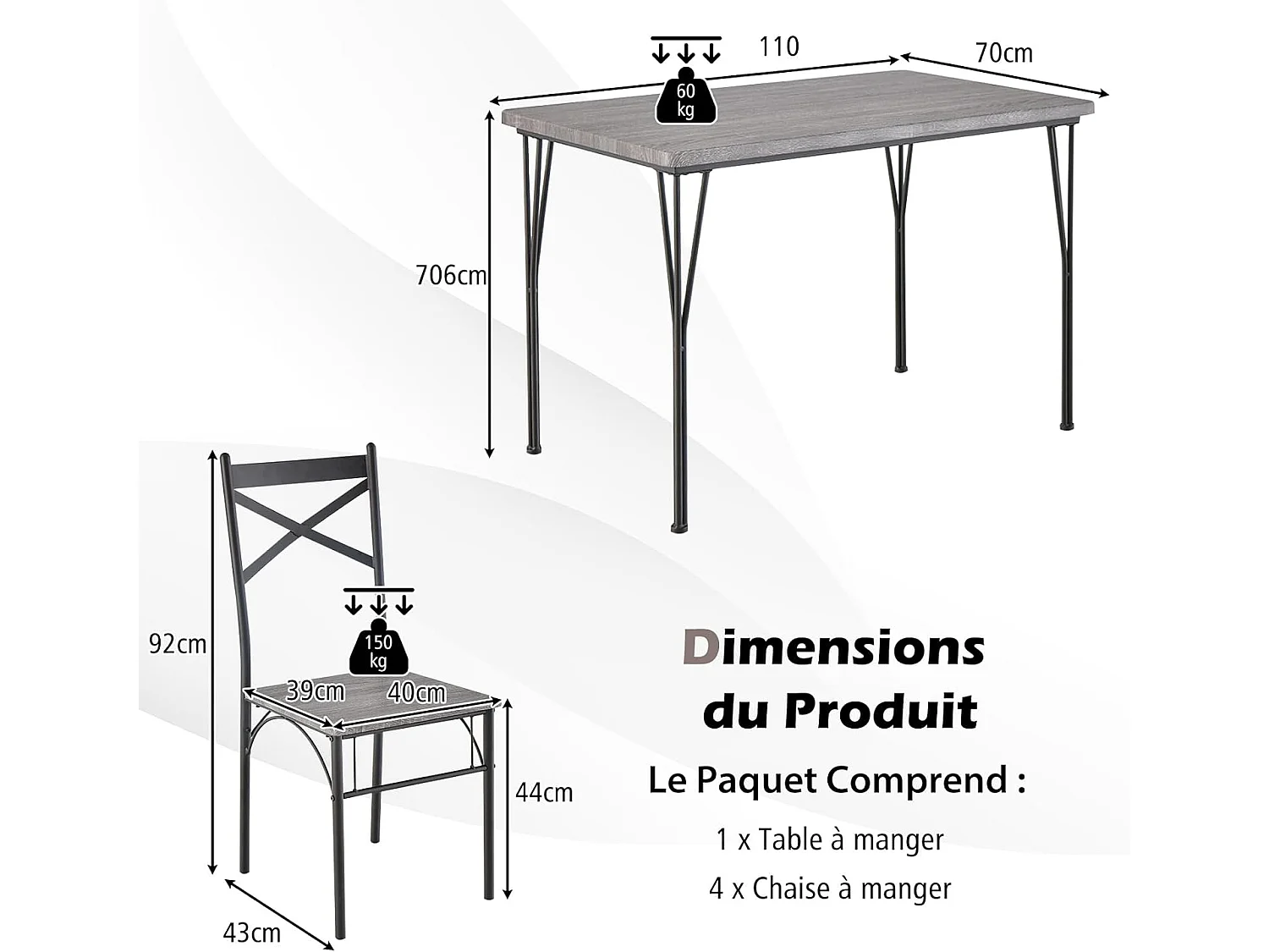 Ensemble Table à Manger avec 4 Chaises, Table de Cuisine avec 4 Chaises, Cadre en Métal, 110x70cm