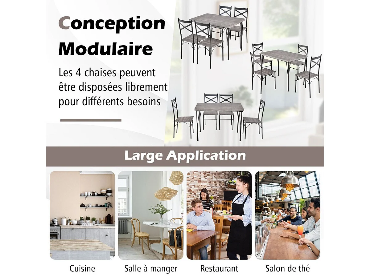 Ensemble Table à Manger avec 4 Chaises, Table de Cuisine avec 4 Chaises, Cadre en Métal, 110x70cm