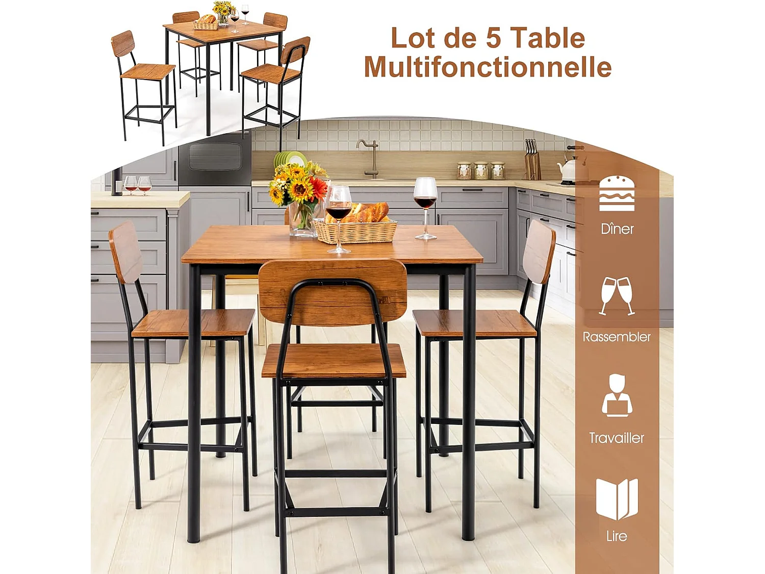 Table a manger avec 4 tabourets de bar armature métal contemporain/ensemble 5 pcs