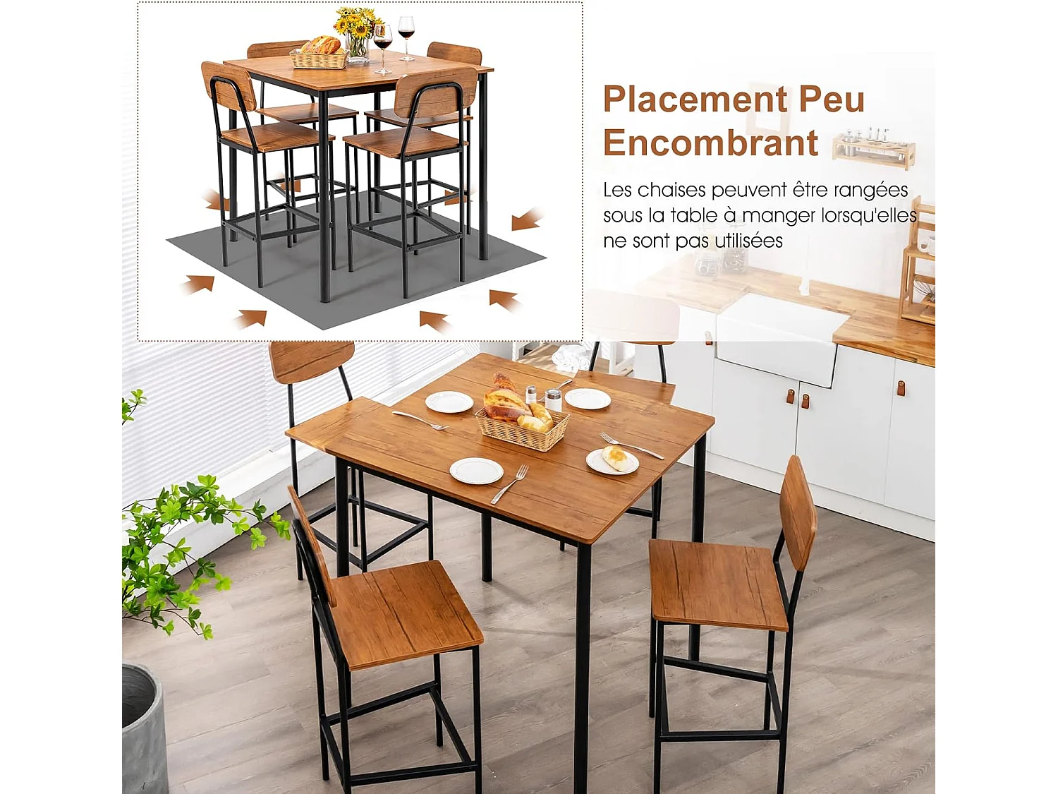 Table a manger avec 4 tabourets de bar armature métal contemporain/ensemble 5 pcs